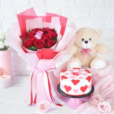 Mix Rose Bouquet & Cake With Teddy